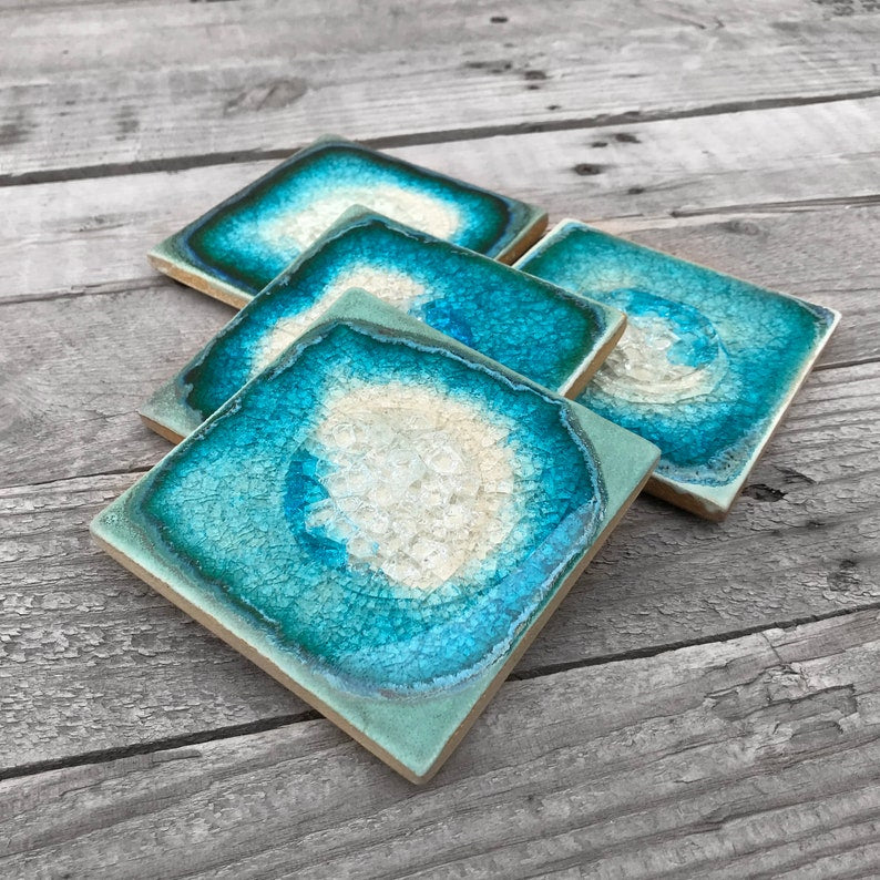 Geode Crackle Ceramic Coaster- Aqua by Dock 6 Pottery - Lake Effect