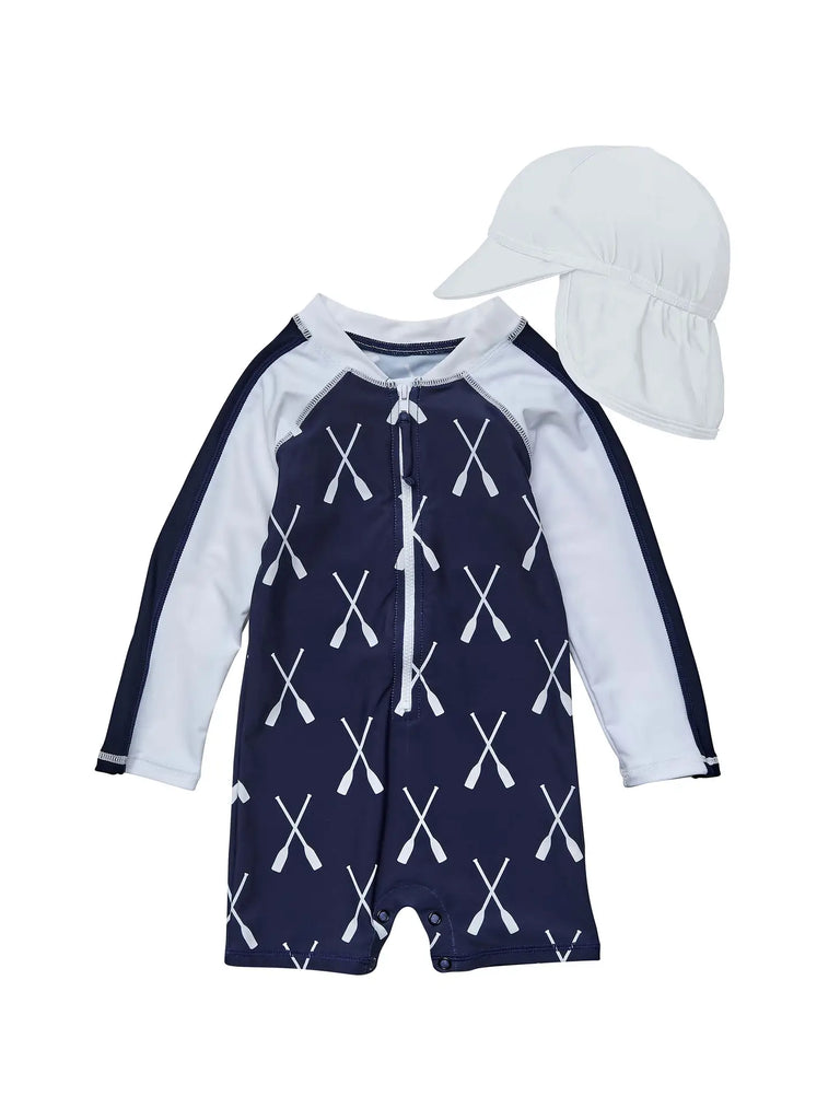 Riviera Rowers Flap Hat & LS Sunsuit Set by Snapper Rock - Lake Effect