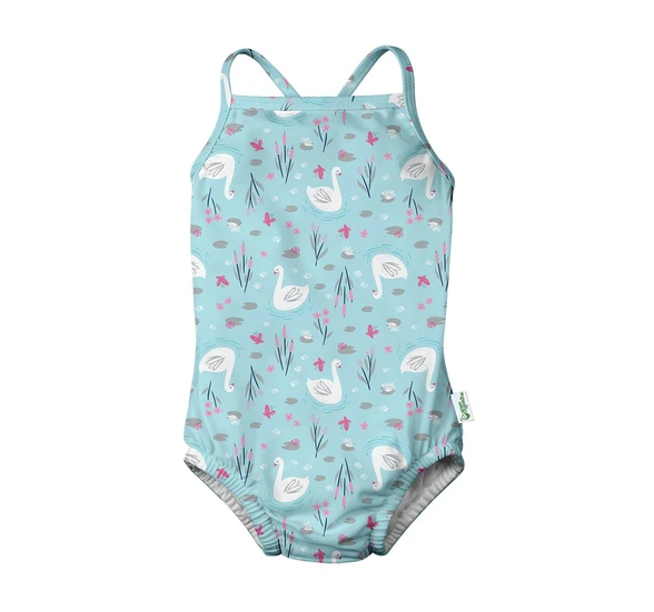 One-piece Swimsuit with Built-in Reusable Absorbent Swim Diaper- Aqua Swans - Lake Effect
