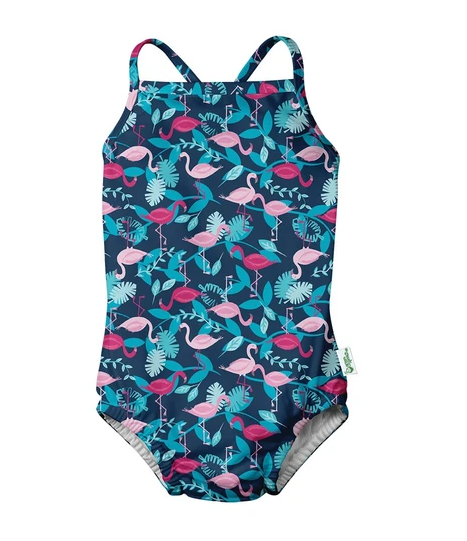 One-piece Swimsuit with Built-in Reusable Absorbent Swim Diaper- Navy Flamingos - Lake Effect