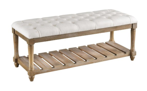 Tufted Creme Wooden Bench - Lake Effect